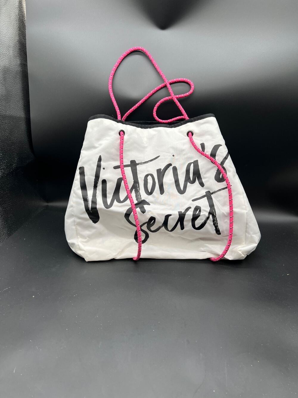 VICTORIA'S SECRET WHITE TOTE SHOPPING BAG WITH BLACK WRITING PINK HANDLES